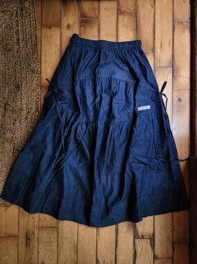 Dark Blue Denim Tiered Midi Skirt
